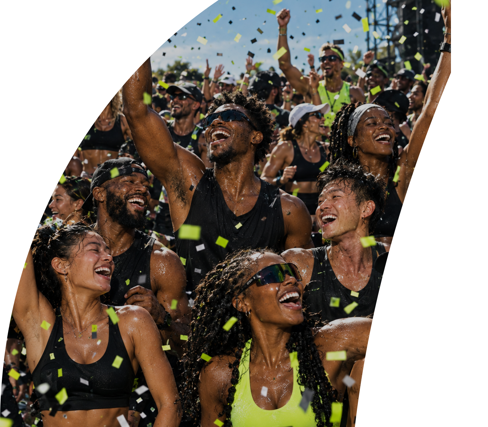 A crowd of athletes celebrating together under lime confetti