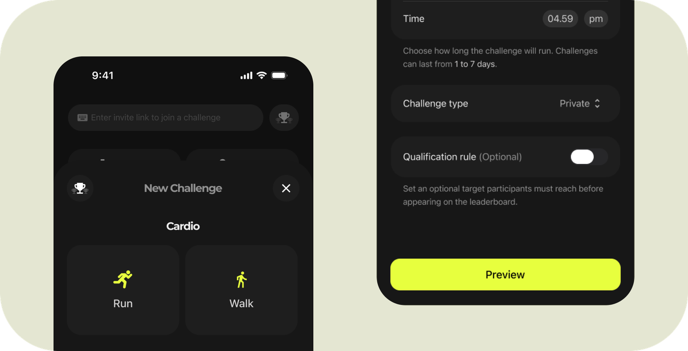 Creating a new cardio challenge in the Monsterfit app: choosing Run or Walk, challenge type and qualification rules
