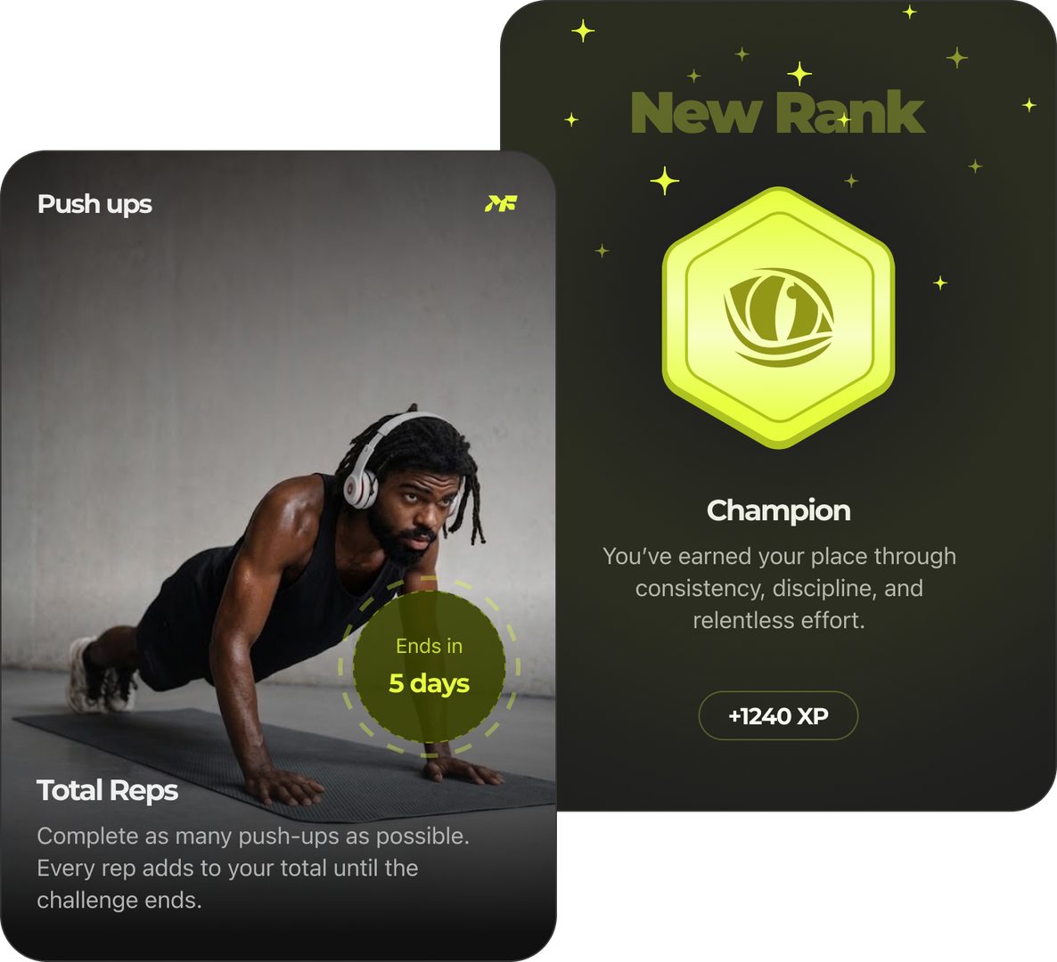 Push-ups challenge card ending in 5 days next to a 'New Rank: Champion' badge worth +1240 XP