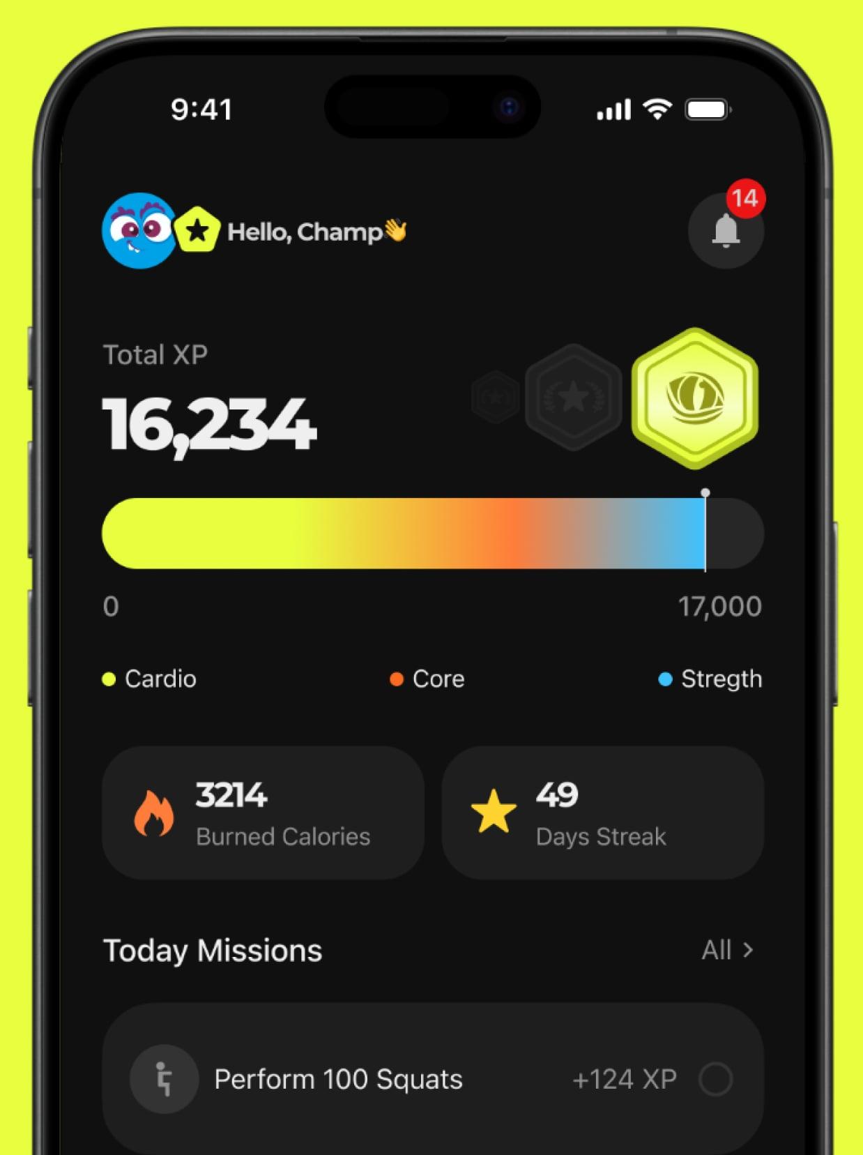 Monsterfit home screen showing 16,234 total XP, 3214 burned calories, a 49-day streak and today's missions